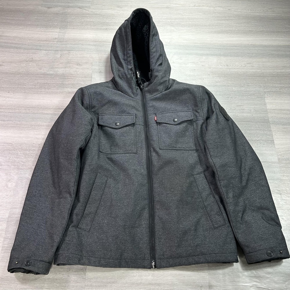 Levi's Jacket Mens Small Gray Hooded Softshell Full Zip Sherpa Lined Insulated